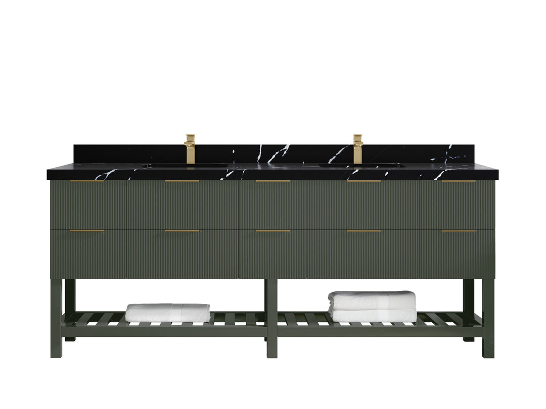 Catalina 84 in. W x 22 in. D Double Sink Bathroom Vanity in Pewter Green with 2 in Calacatta Black Quartz Countertop