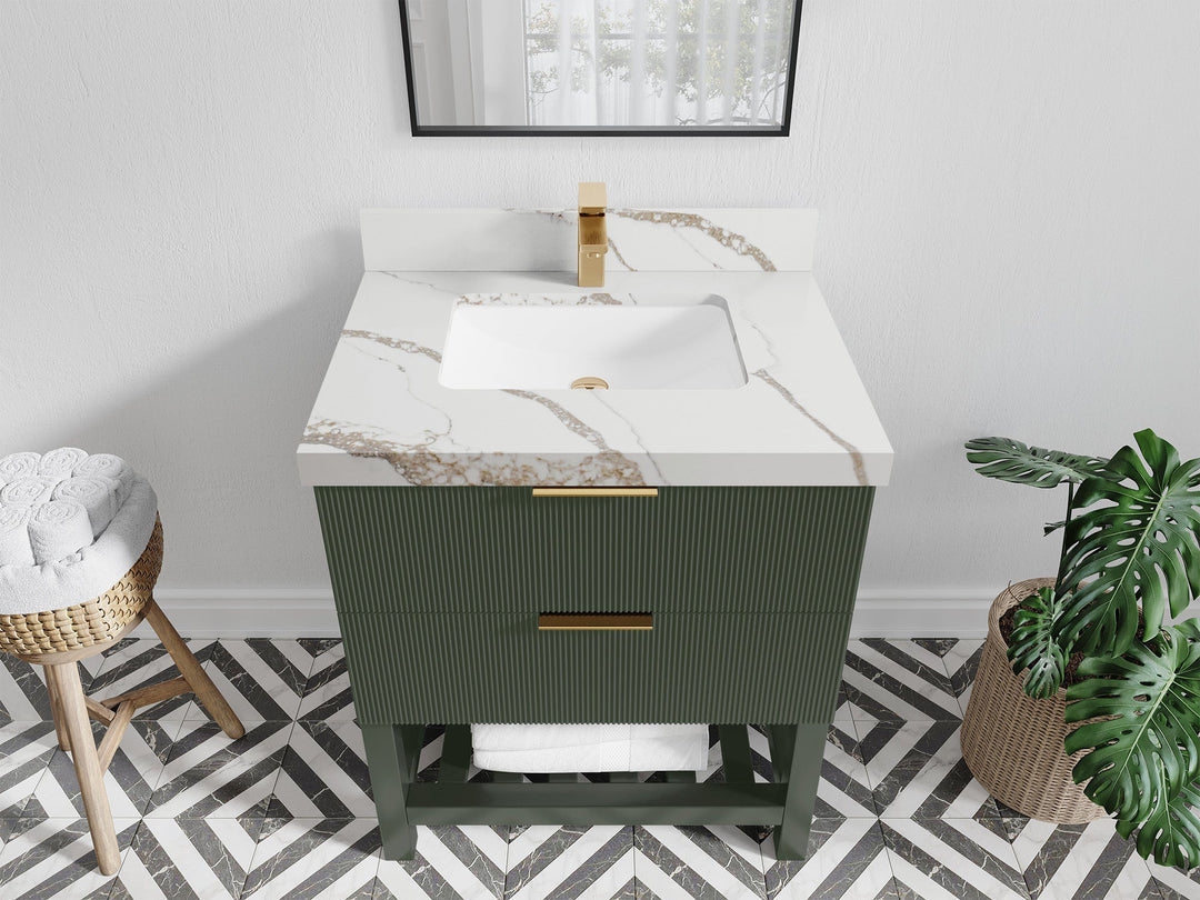 Catalina 30 in. W x 22 in. D Single Sink Bathroom Vanity in Pewter Green with 2 in Calacatta Gold Quartz Countertop - Top View