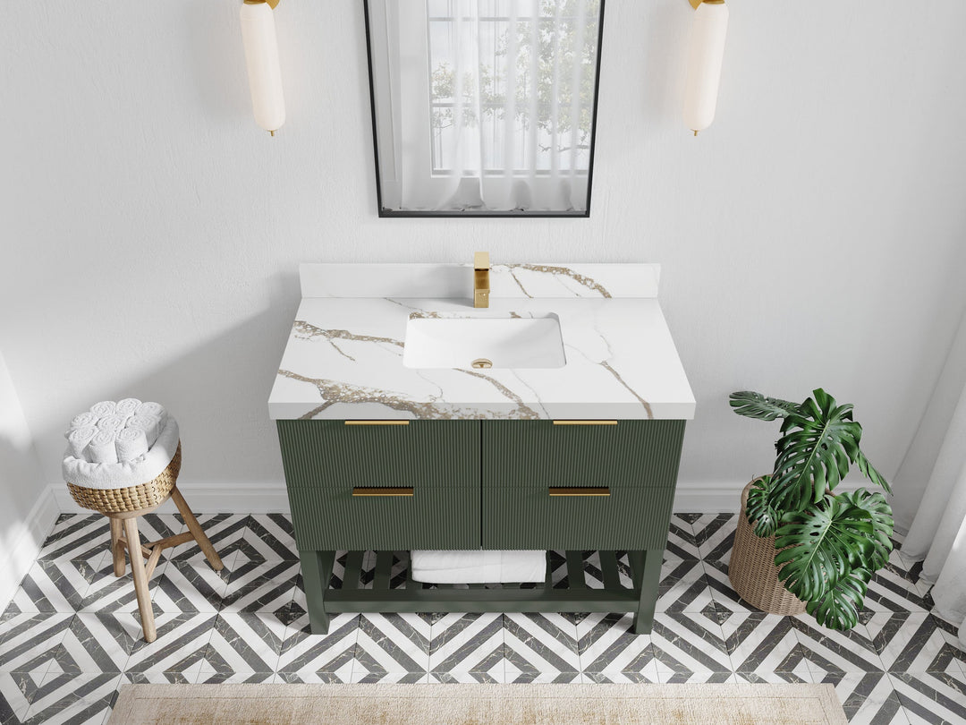 Catalina 42 in. W x 22 in. D Single Sink Bathroom Vanity in Pewter Green with 2 in Calacatta Gold Quartz Countertop Top View