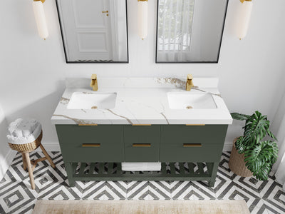 Catalina 60 in. W x 22 in. D Double Sink Bathroom Vanity in Pewter Green with 2 in Calacatta Gold Quartz Countertop - Top View