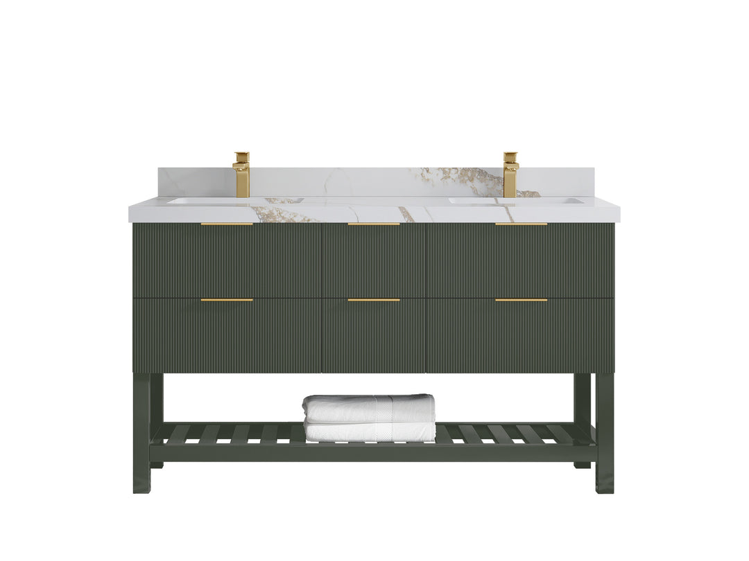Catalina 60 in. W x 22 in. D Double Sink Bathroom Vanity in Pewter Green with 2 in Calacatta Gold Quartz Countertop