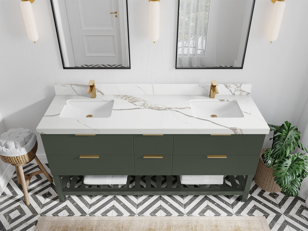 Catalina 72 in. W x 22 in. D Double Sink Bathroom Vanity in Pewter Green with 2 in Calacatta Gold Quartz Countertop - Top View