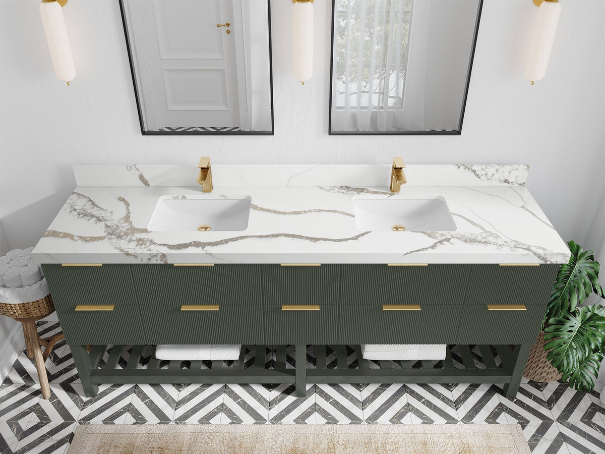 Catalina 84 in. W x 22 in. D Double Sink Bathroom Vanity in Pewter Green with 2 in Calacatta Gold Quartz Countertop - Top View