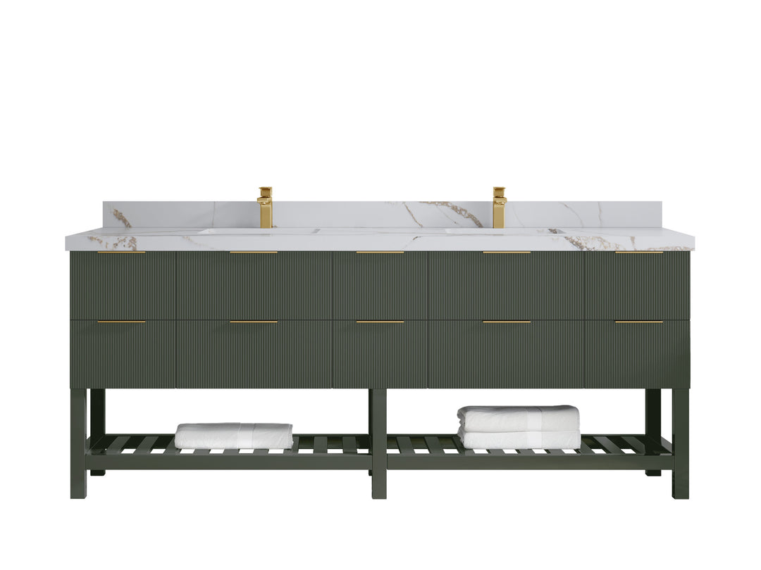 Catalina 84 in. W x 22 in. D Double Sink Bathroom Vanity in Pewter Green with 2 in Calacatta Gold Quartz Countertop