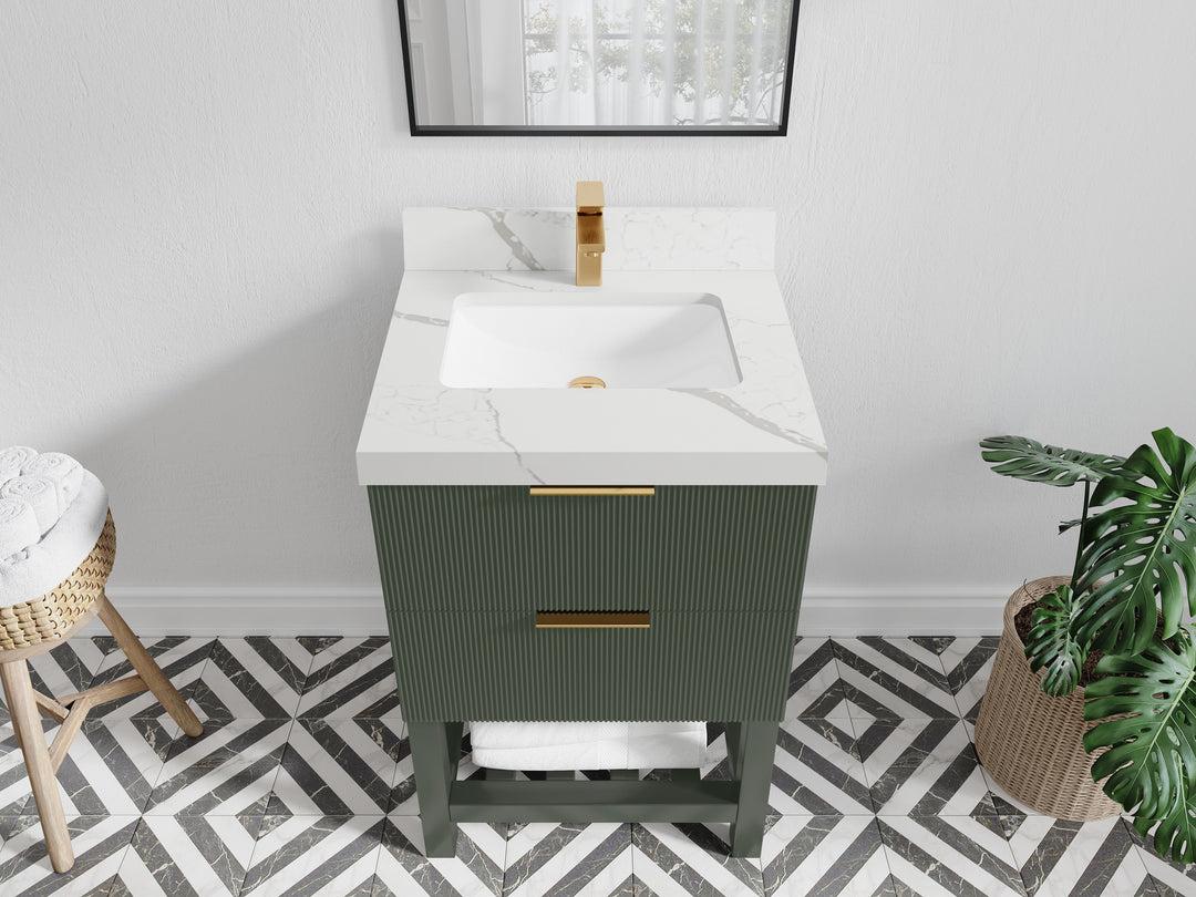 Catalina 24 in. W x 22 in. D Single Sink Bathroom Vanity in Pewter Green with 2 in Calacatta Laza Quartz Countertop - Top View