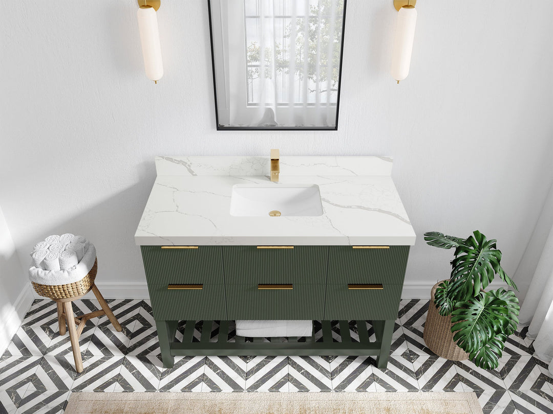 Catalina 48 in. W x 22 in. D Single Sink Bathroom Vanity in Pewter Green with 2 in Calacatta Laza Quartz Countertop - Top View