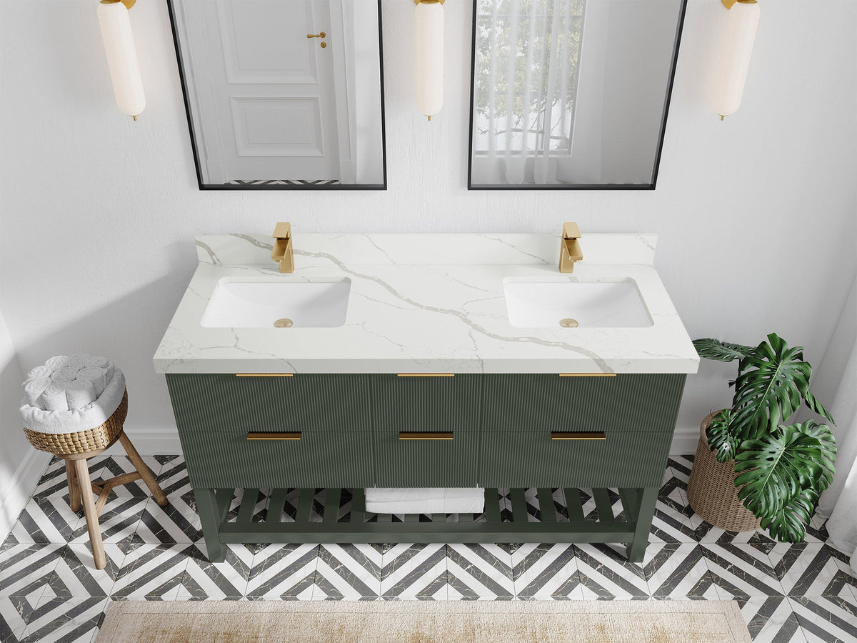 Catalina 60 in. W x 22 in. D Double Sink Bathroom Vanity in Pewter Green with 2 in Calacatta Laza Quartz Countertop - Top View