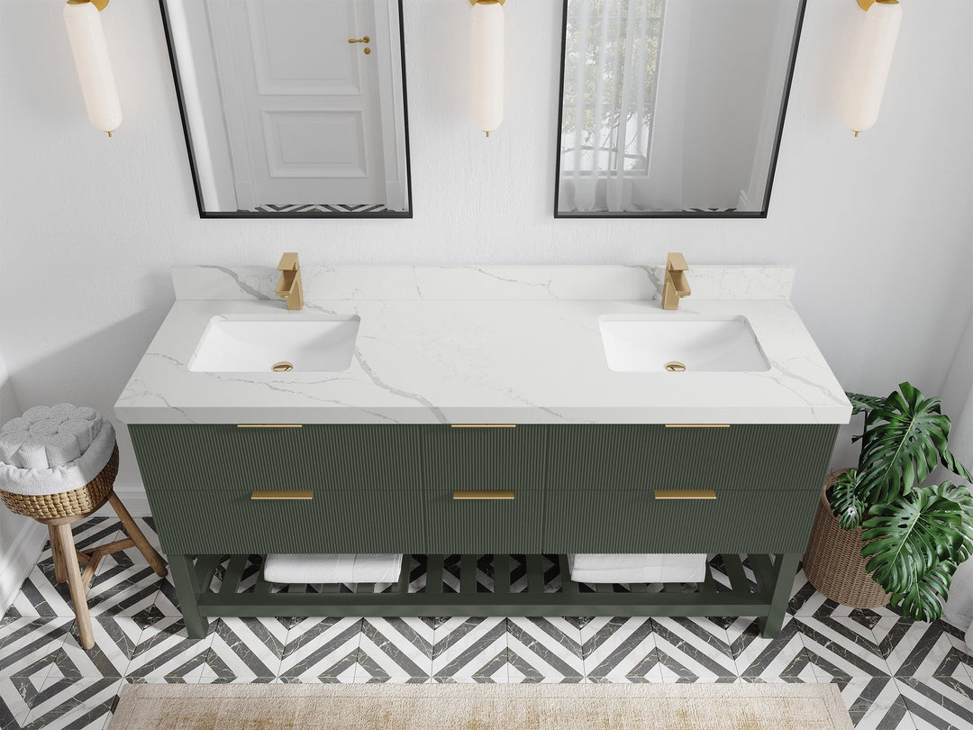 Catalina 72 in. W x 22 in. D Double Sink Bathroom Vanity in Pewter Green with 2 in Calacatta Laza Quartz Countertop - Top View