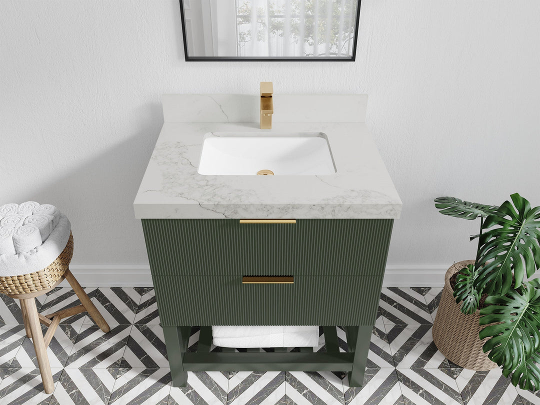 Catalina 30 in. W x 22 in. D Single Sink Bathroom Vanity in Pewter Green with 2 in Calacatta Nuvo Quartz Countertop - Top View