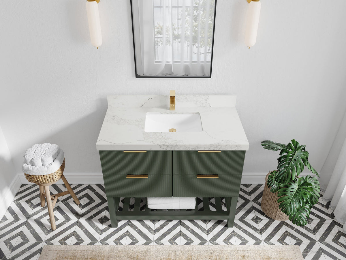 Catalina 42 in. W x 22 in. D Single Sink Bathroom Vanity in Pewter Green with 2 in Calacatta Nuvo Quartz Countertop Top View