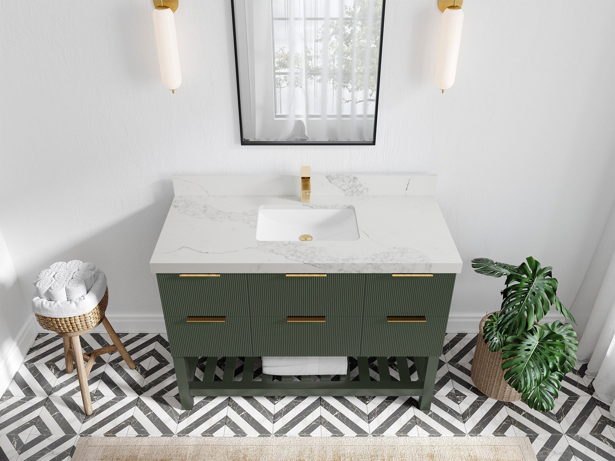 Catalina 48 in. W x 22 in. D Single Sink Bathroom Vanity in Pewter Green with 2 in Calacatta Nuvo Quartz Countertop - Top View