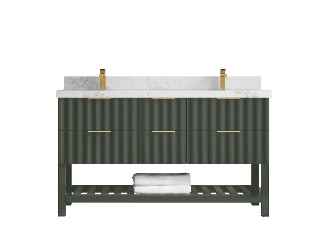 Catalina 60 in. W x 22 in. D Double Sink Bathroom Vanity in Pewter Green with 2 in Calacatta Nuvo Quartz Countertop