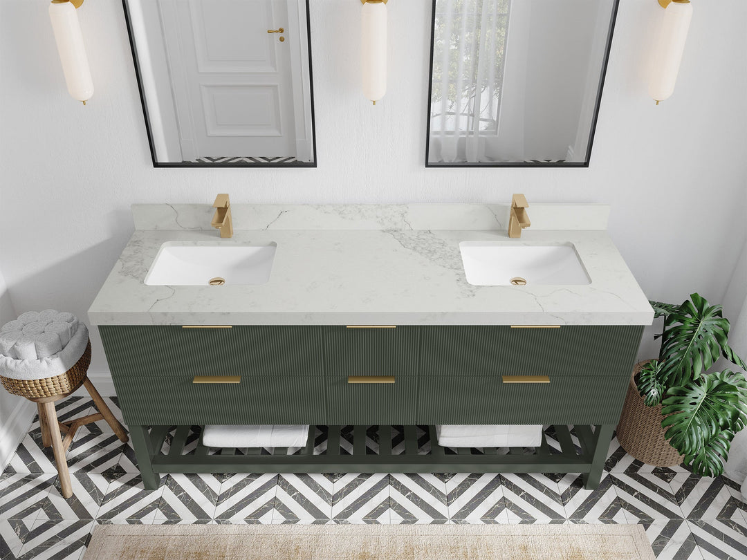 Catalina 72 in. W x 22 in. D Double Sink Bathroom Vanity in Pewter Green with 2 in Calacatta Nuvo Quartz Countertop - Top View