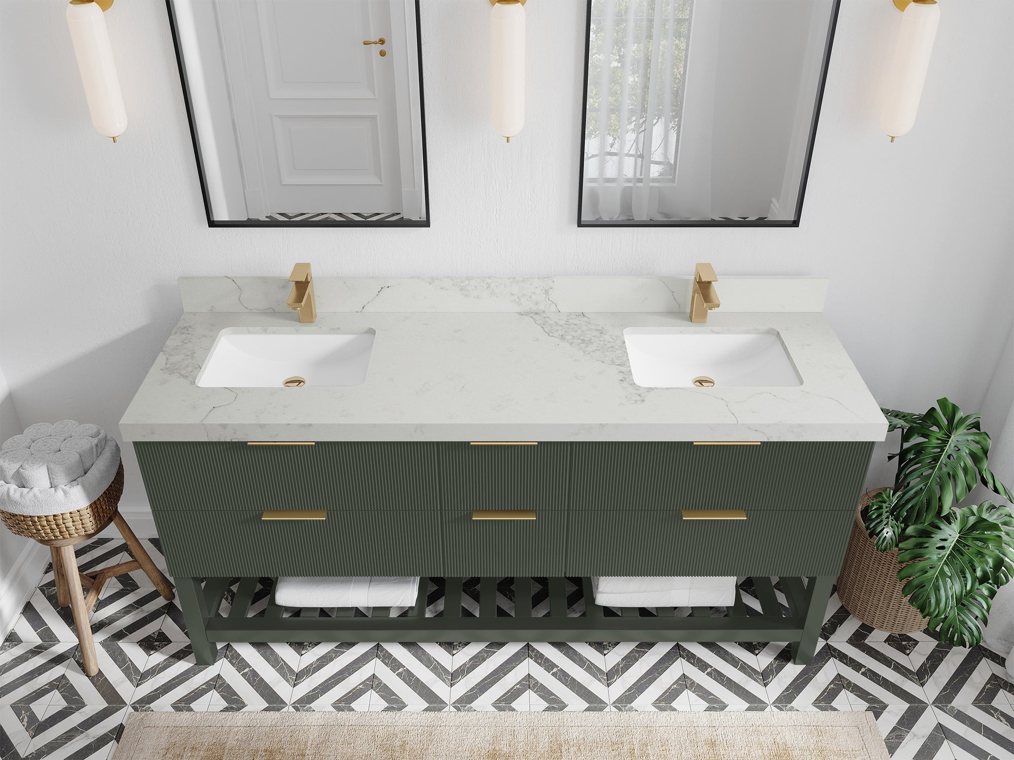 Catalina 72 in. W x 22 in. D Double Sink Bathroom Vanity in Pewter Green with 2 in Calacatta Nuvo Quartz Countertop - Top View