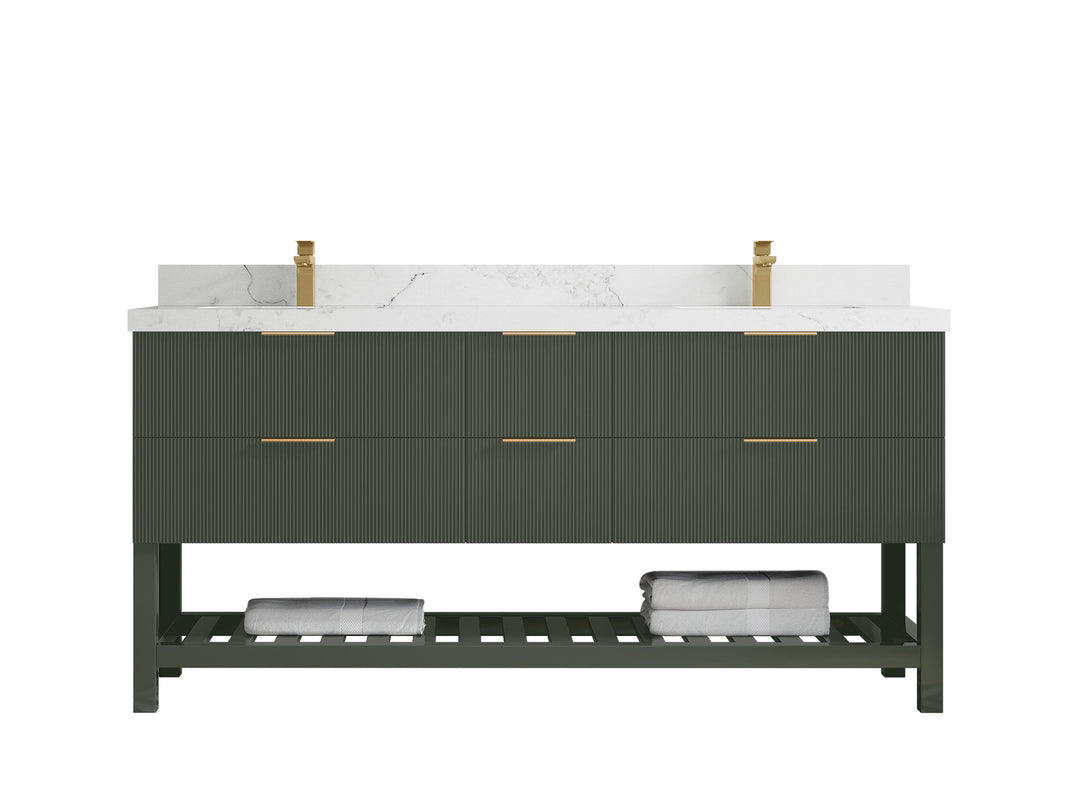 Catalina 72 in. W x 22 in. D Double Sink Bathroom Vanity in Pewter Green with 2 in Calacatta Nuvo Quartz Countertop