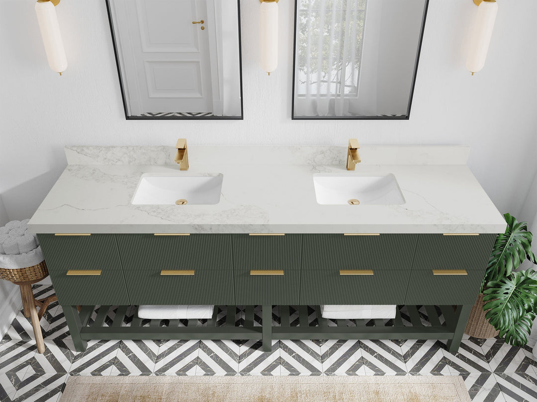 Catalina 84 in. W x 22 in. D Double Sink Bathroom Vanity in Pewter Green with 2 in Calacatta Nuvo Quartz Countertop - Top View