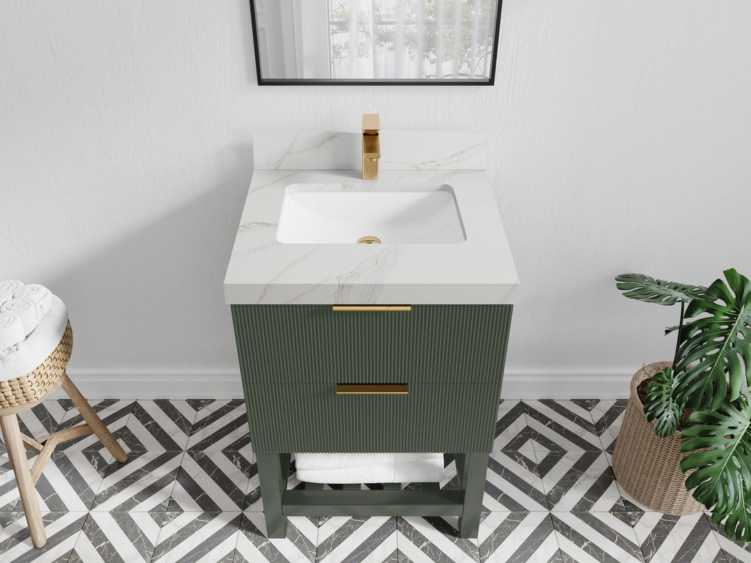 Catalina 24 in. W x 22 in. D Single Sink Bathroom Vanity in Pewter Green with 2 in Calacatta Sienna Quartz Countertop - Top View