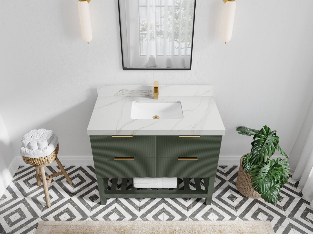 Catalina 42 in. W x 22 in. D Single Sink Bathroom Vanity in Pewter Green with 2 in Calacatta Sienna Quartz Countertop Top View