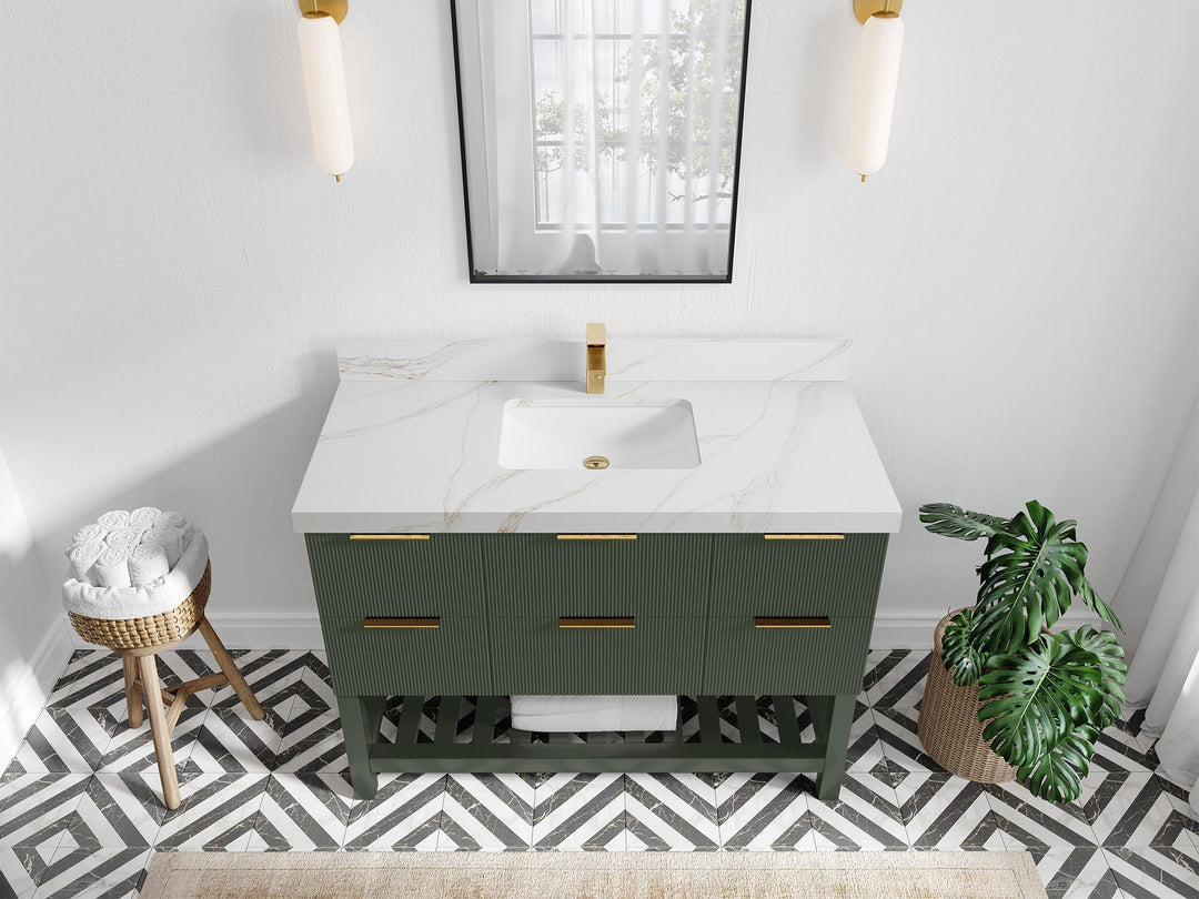 Catalina 48 in. W x 22 in. D Single Sink Bathroom Vanity in Pewter Green with 2 in Calacatta Sienna Quartz Countertop - Top View