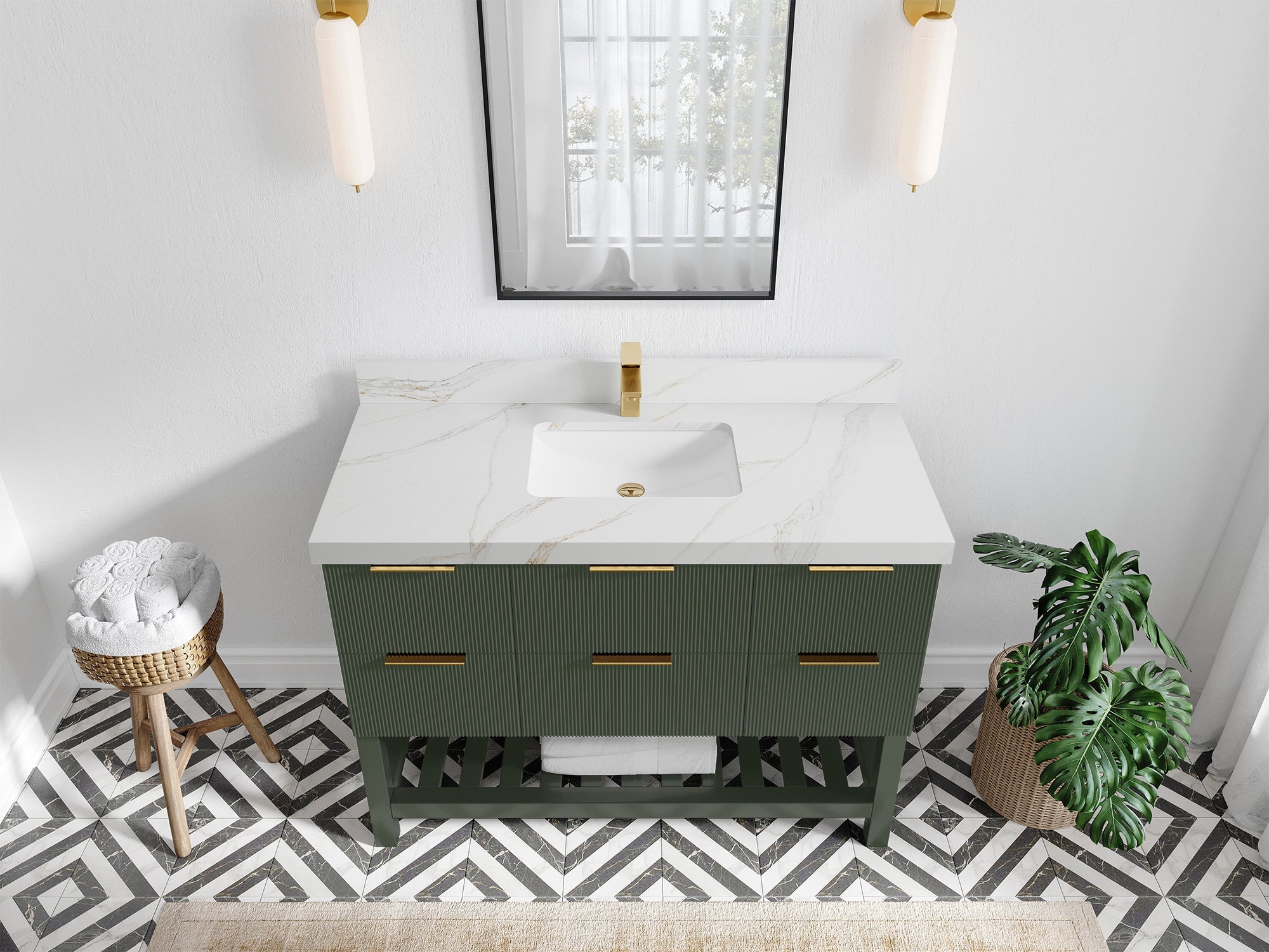 Catalina 48 in. W x 22 in. D Single Sink Bathroom Vanity in Pewter Green with 2 in Calacatta Sienna Quartz Countertop - Top View