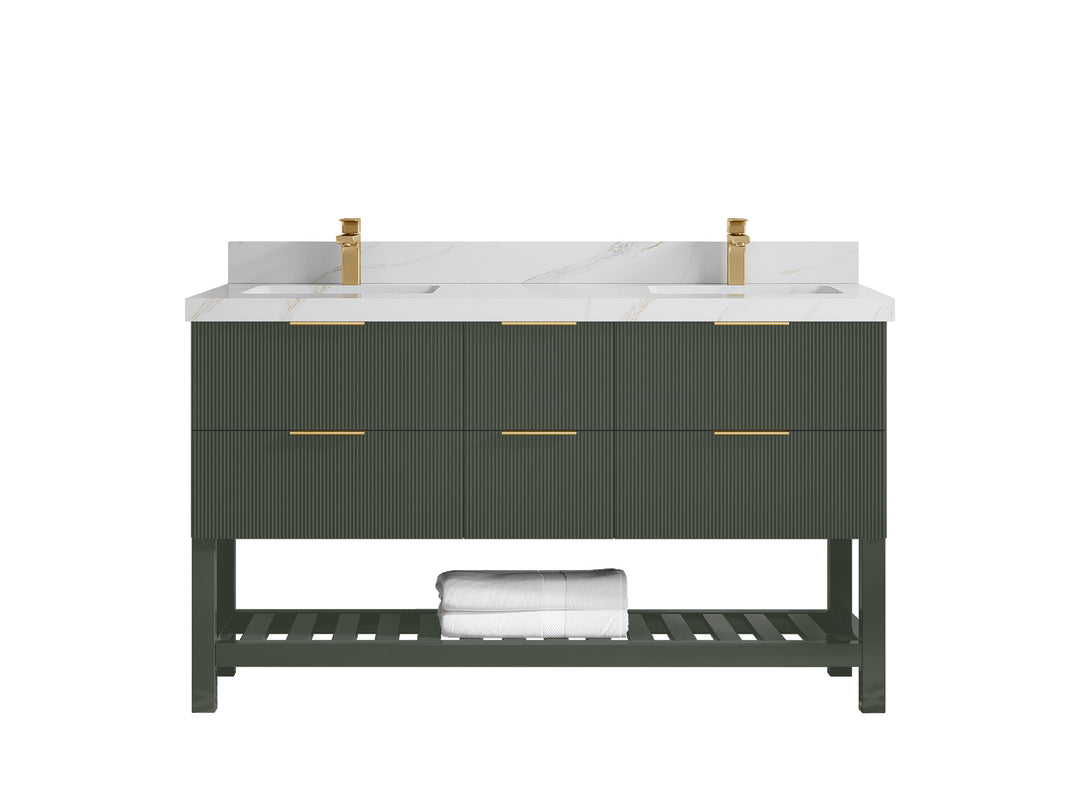 Catalina 60 in. W x 22 in. D Double Sink Bathroom Vanity in Pewter Green with 2 in Calacatta Sienna Quartz Countertop