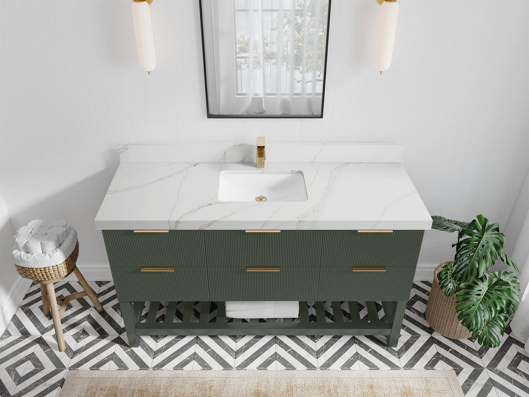Catalina 60 in. W x 22 in. D Single Sink Bathroom Vanity in Pewter Green with 2 in Calacatta Sienna Quartz Countertop - Top View