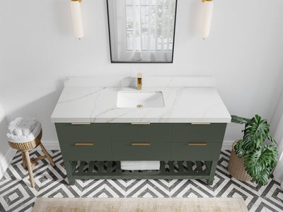 Catalina 60 in. W x 22 in. D Single Sink Bathroom Vanity in Pewter Green with 2 in Calacatta Sienna Quartz Countertop - Top View
