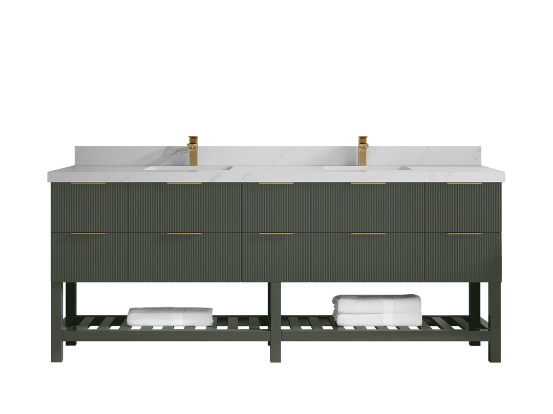 Catalina 84 in. W x 22 in. D Double Sink Bathroom Vanity in Pewter Green with 2 in Calacatta Sienna Quartz Countertop 