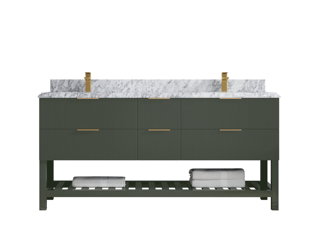 Catalina 72 in. W x 22 in. D Double Sink Bathroom Vanity in Pewter Green with 1.5 in Double Cove Edge Carrara Marble Countertop