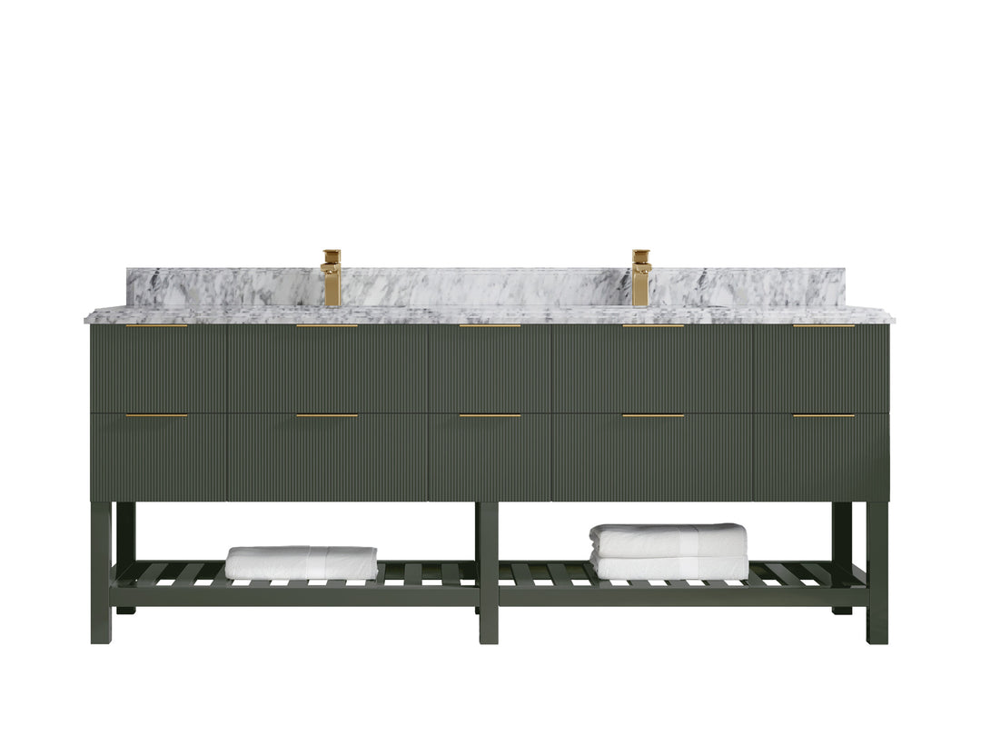 Catalina 84 in. W x 22 in. D Double Sink Bathroom Vanity in Pewter Green with 1.5 in Double Cove Edge Carrara Marble Countertop