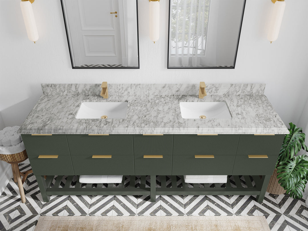 Catalina 84 in. W x 22 in. D Double Sink Bathroom Vanity in Pewter Green with 1.5 in Double Cove Edge Carrara Marble Countertop - Top View