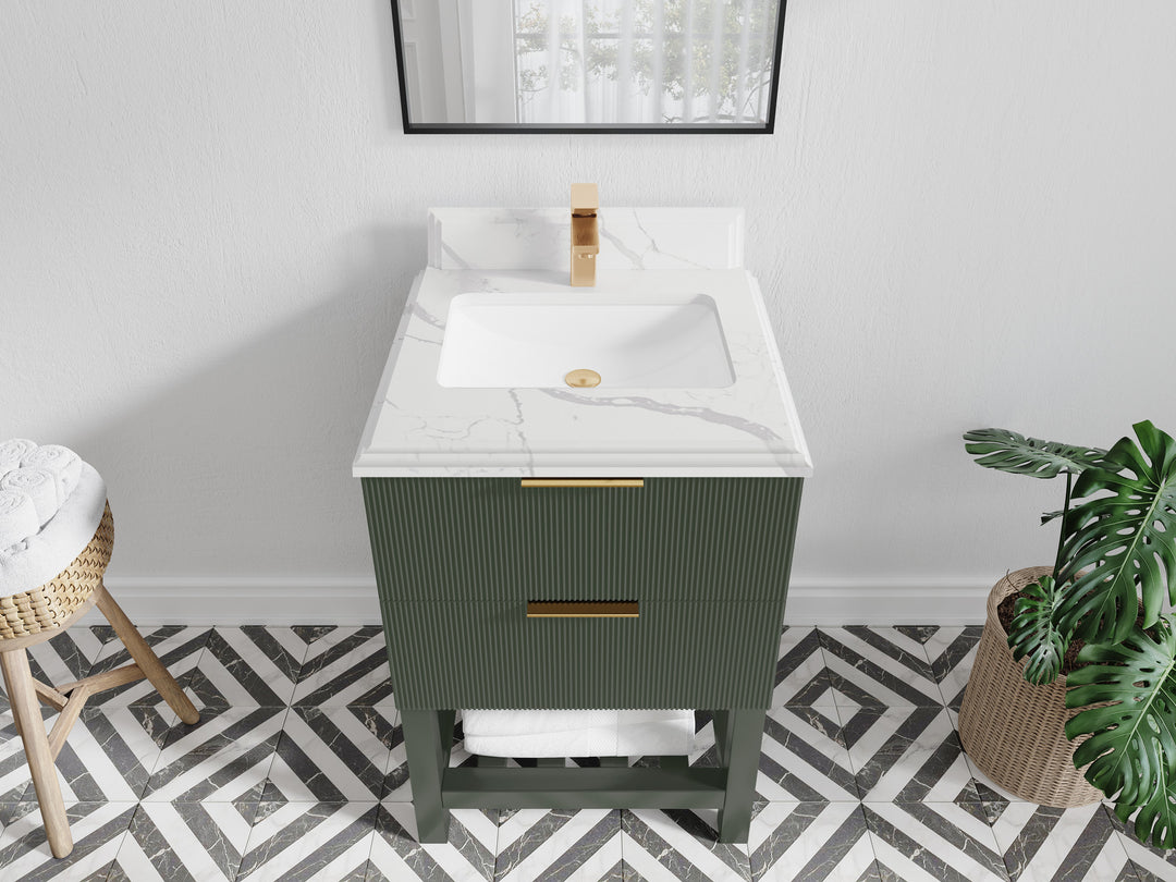 Catalina 24 in. W x 22 in. D Single Sink Bathroom Vanity in Pewter Green with 1.5 in Double Cove Edge Calacatta Laza Quartz Countertop - Top View