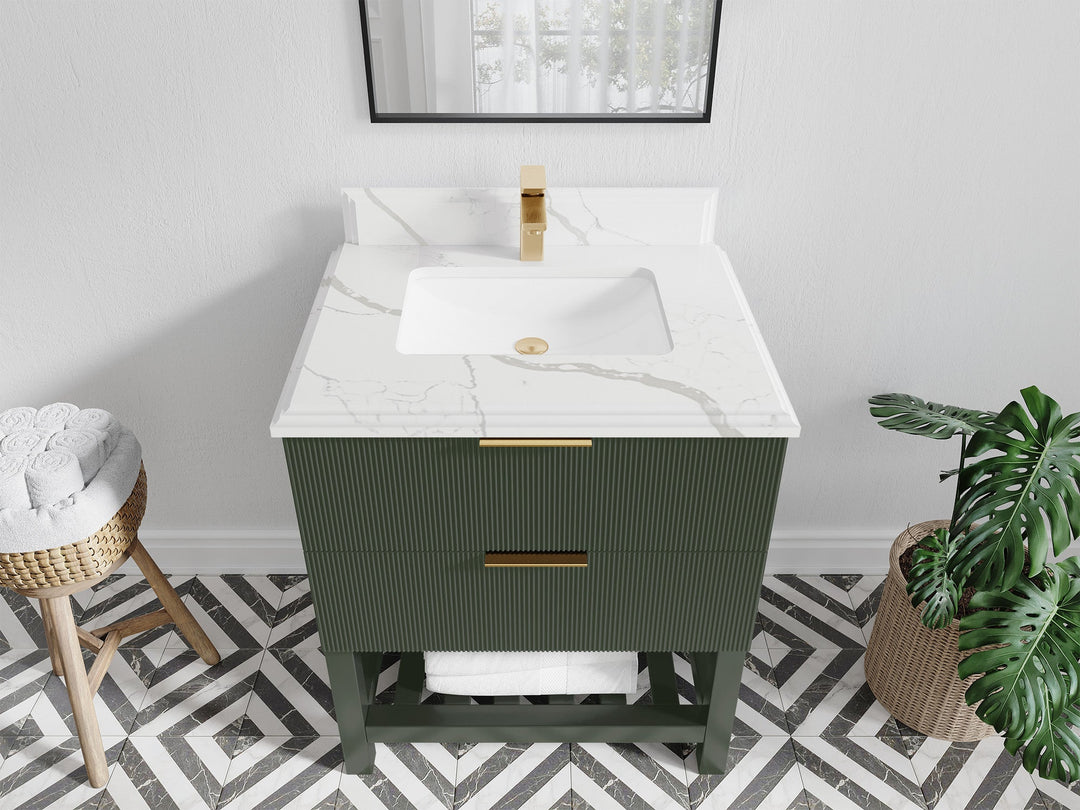 Catalina 30 in. W x 22 in. D Single Sink Bathroom Vanity in Pewter Green with 1.5 in Double Cove Edge Calacatta Laza Quartz Countertop - Top View