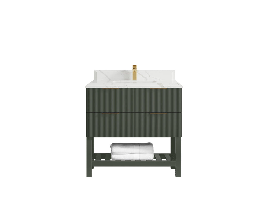 Catalina 36 in. W x 22 in. D Single Sink Bathroom Vanity in Pewter Green with 1.5 in Double Cove Edge Calacatta Laza Quartz Countertop 