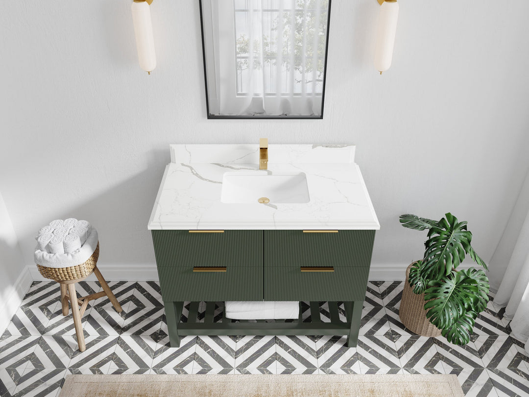 Catalina 42 in. W x 22 in. D Single Sink Bathroom Vanity in Pewter Green with 2 in Double Cove Calacatta Laza Countertop Top View