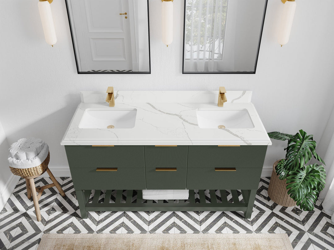 Catalina 60 in. W x 22 in. D Double Sink Bathroom Vanity in Pewter Green with 1.5 in Double Cove Edge Calacatta Laza Quartz Countertop- Top View