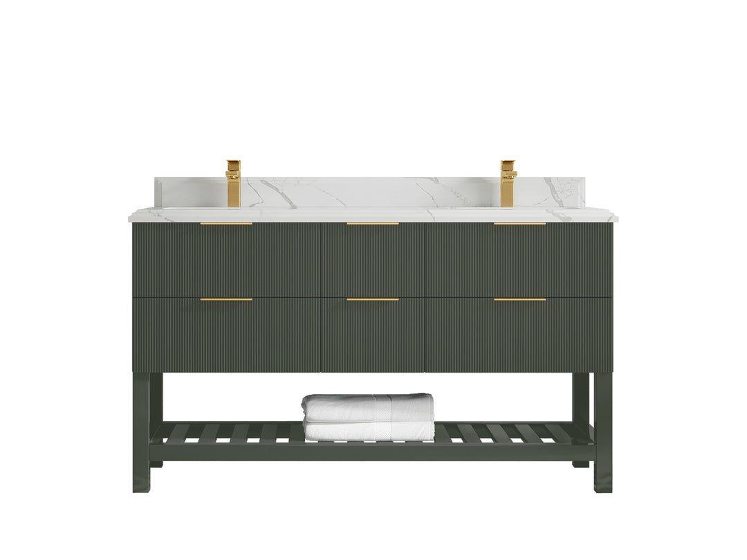 Catalina 60 in. W x 22 in. D Double Sink Bathroom Vanity in Pewter Green with 1.5 in Double Cove Edge Calacatta Laza Quartz Countertop