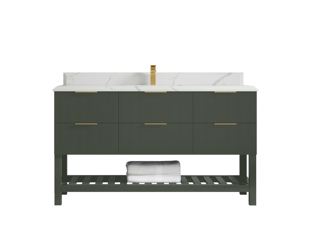 Catalina 60 in. W x 22 in. D Single Sink Bathroom Vanity in Pewter Green with 1.5 in Double Cove Edge Calacatta Laza Quartz Countertop