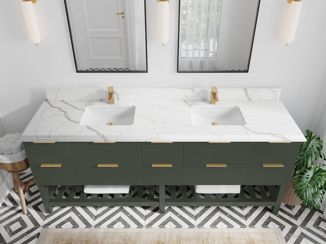 Catalina 84 in. W x 22 in. D Double Sink Bathroom Vanity in Pewter Green with 1.5 in Double Cove Edge Calacatta Laza Quartz Countertop - Top View