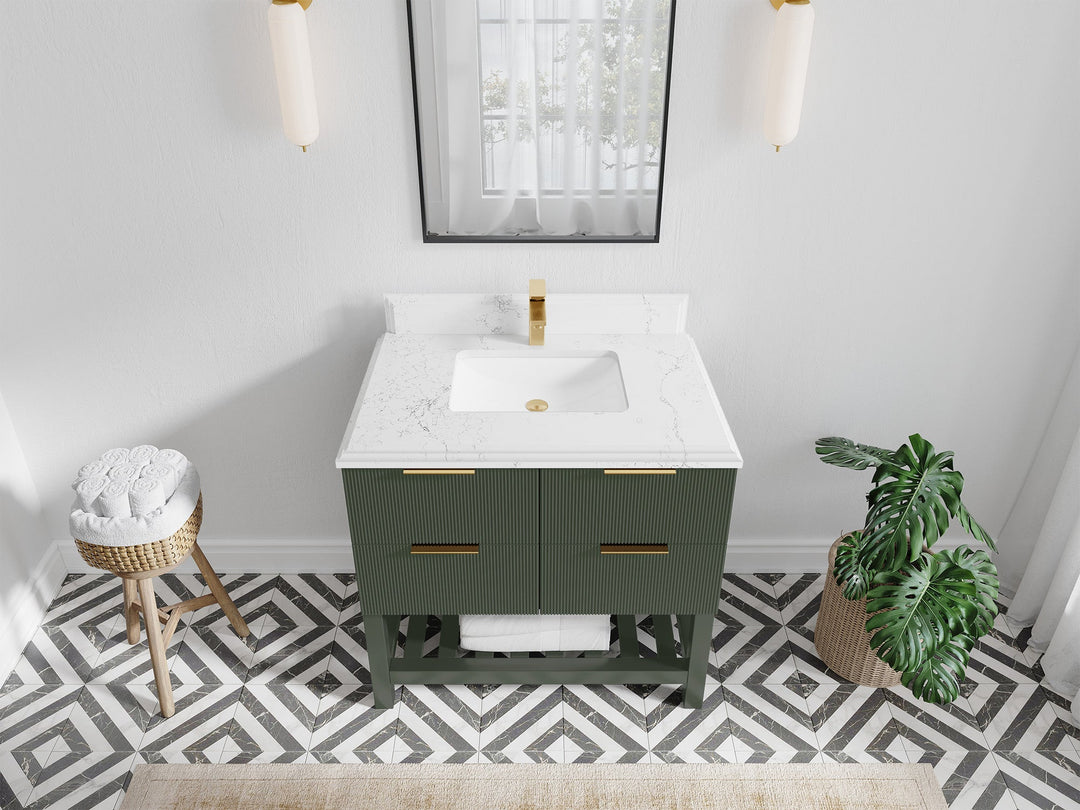 Catalina 36 in. W x 22 in. D Single Sink Bathroom Vanity in Pewter Green with 1.5 in Double Cove Edge Empira Quartz Countertop - Top View