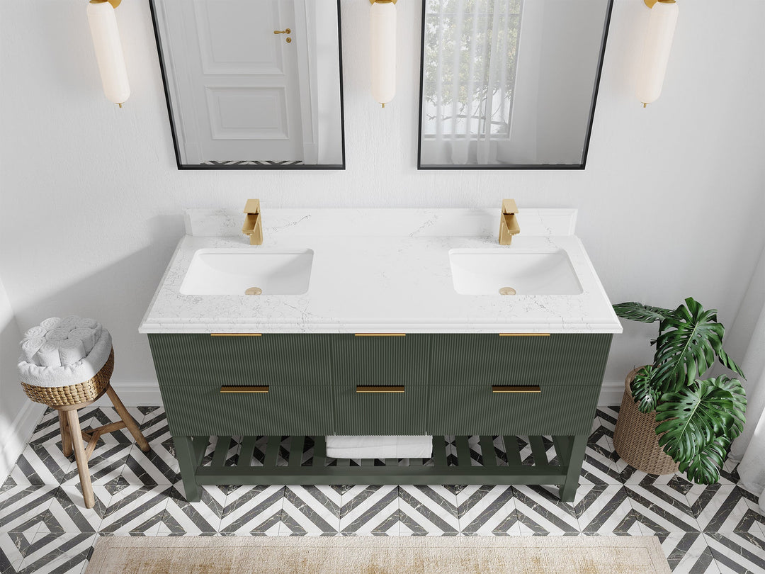 Catalina 60 in. W x 22 in. D Double Sink Bathroom Vanity in Pewter Green with 1.5 in Double Cove Edge Empira Quartz Countertop- Top View