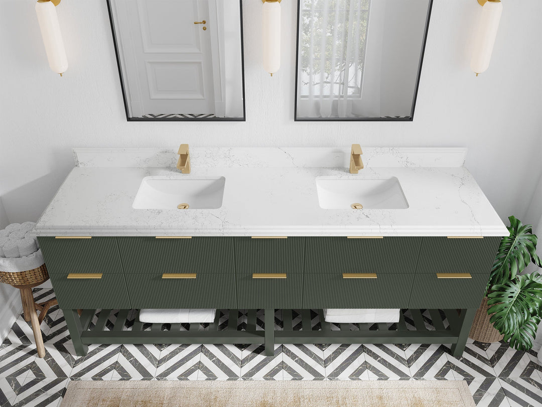 Catalina 84 in. W x 22 in. D Double Sink Bathroom Vanity in Pewter Green with 1.5 in Double Cove Edge Empira Quartz Countertop - Top View