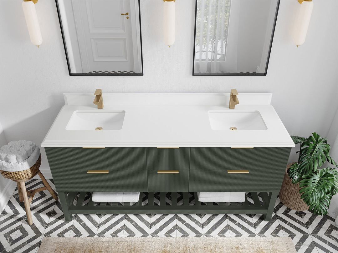 Catalina 72 in. W x 22 in. D Double Sink Bathroom Vanity in Pewter Green with 1.5 in Double Cove Edge White Quartz Countertop - Top View