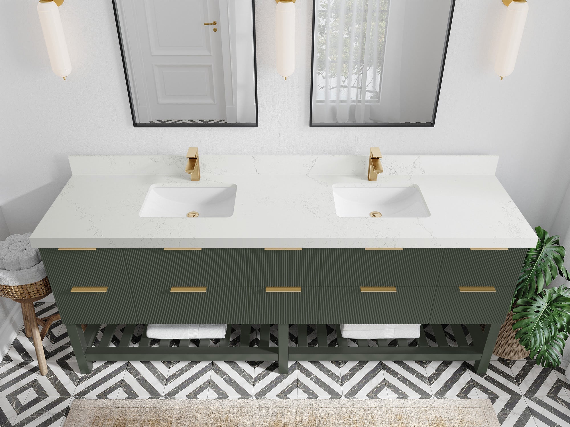 Catalina 84 in. W x 22 in. D Double Sink Bathroom Vanity in Pewter Green with 2 in Empira Quartz Countertop - Top View