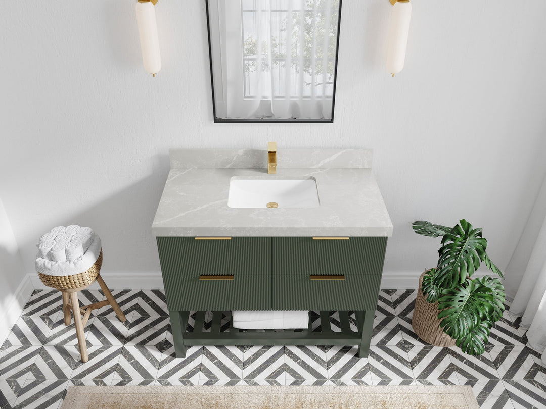 Catalina 42 in. W x 22 in. D Single Sink Bathroom Vanity in Pewter Green with 2 in Pearl Light Gray Quartz Countertop Top View
