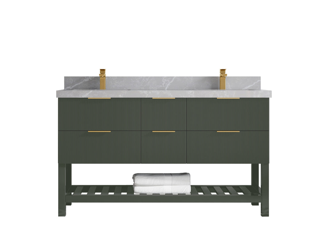 Catalina 60 in. W x 22 in. D Double Sink Bathroom Vanity in Pewter Green with 2 in Pearl Light Gray Quartz Countertop