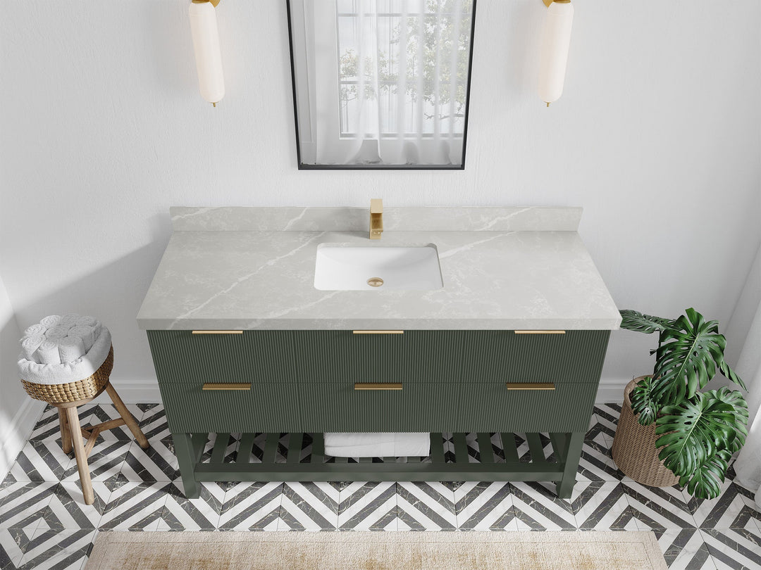 Catalina 60 in. W x 22 in. D Single Sink Bathroom Vanity in Pewter Green with 2 in Pearl Light Gray Quartz Countertop - Top View
