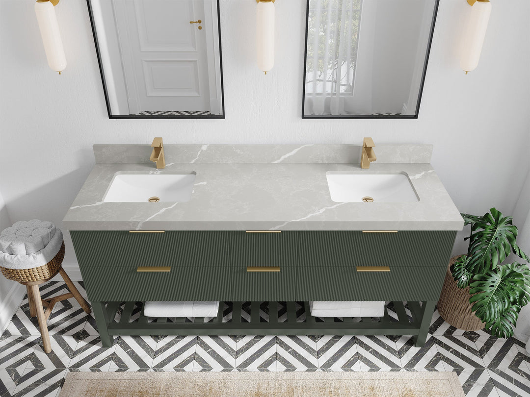 Catalina 72 in. W x 22 in. D Double Sink Bathroom Vanity in Pewter Green with 2 in Pearl Light Gray Quartz Countertop - Top View