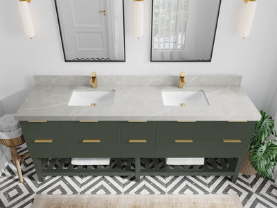 Catalina 84 in. W x 22 in. D Double Sink Bathroom Vanity in Pewter Green with 2 in Pearl Light Gray Quartz Countertop - Top View
