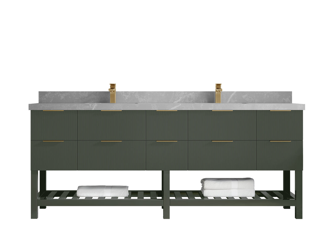 Catalina 84 in. W x 22 in. D Double Sink Bathroom Vanity in Pewter Green with 2 in Pearl Light Gray Quartz Countertop 